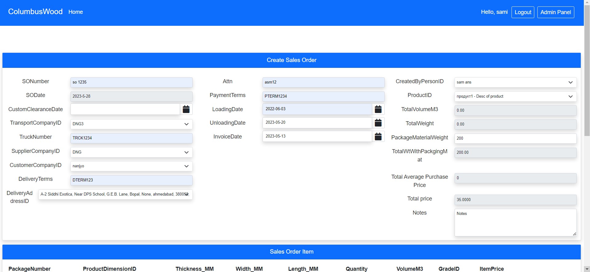 Create Sales Order Page